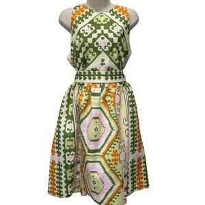 CK Bradley Sleeveless A Line Dress Size XL Tie Belt Pockets Fern Kilim Green Geo